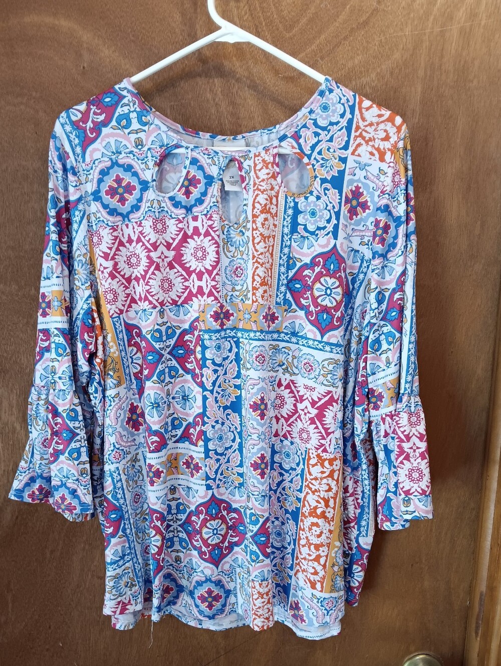 Ruby Rd. Tile-Print Keyhole Tunic in Blue, Pink & Orange